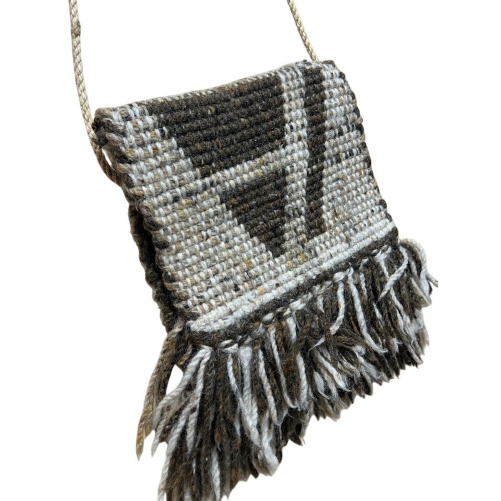 Handwoven Crossbody Bag Geometric Brown Cream‎ Fringe Boho Artisan Messenger